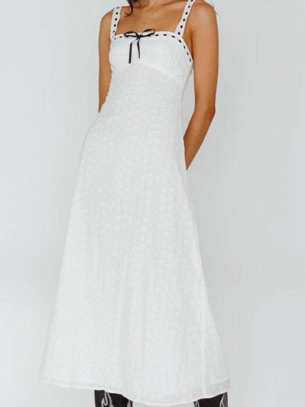 Indikah white eyelet maxi dress with black straps and bow neckline